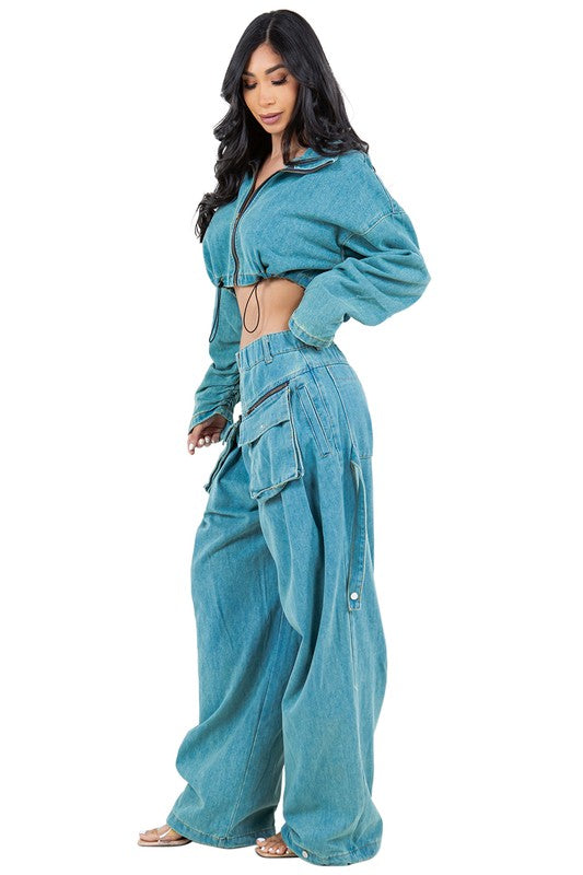 BY CLAUDE TWO PIECE DENIM CROP TOP AND PANT SET IN 2 COLORS