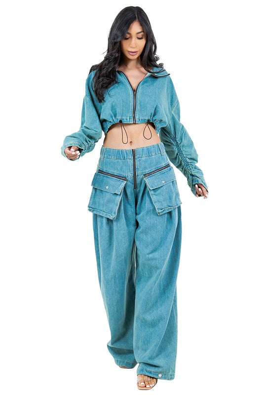 BY CLAUDE TWO PIECE DENIM CROP TOP AND PANT SET IN 2 COLORS