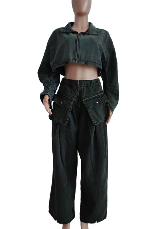 BY CLAUDE TWO PIECE DENIM CROP TOP AND PANT SET IN 2 COLORS