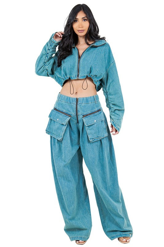 BY CLAUDE TWO PIECE DENIM CROP TOP AND PANT SET IN 2 COLORS