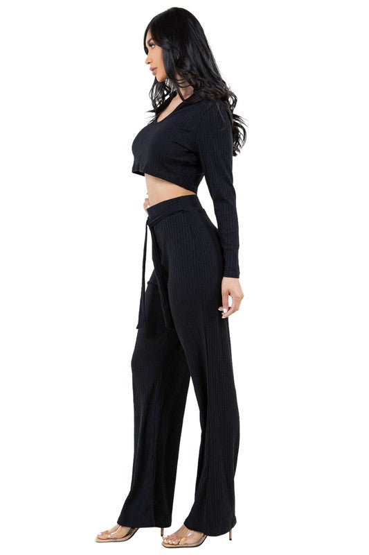 BY CLAUDE TWO PIECE LONG SLEEVE CROP TOP AND PANTS SET