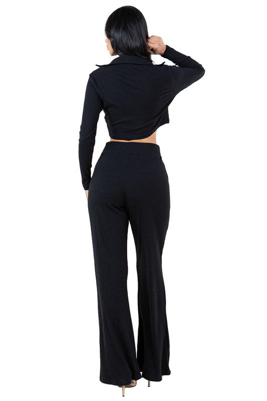 BY CLAUDE TWO PIECE LONG SLEEVE CROP TOP AND PANTS SET