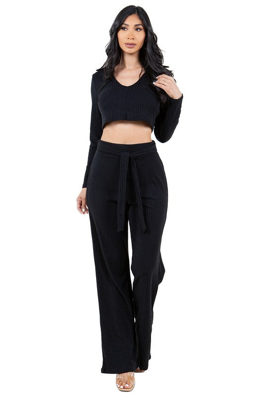 BY CLAUDE TWO PIECE LONG SLEEVE CROP TOP AND PANTS SET