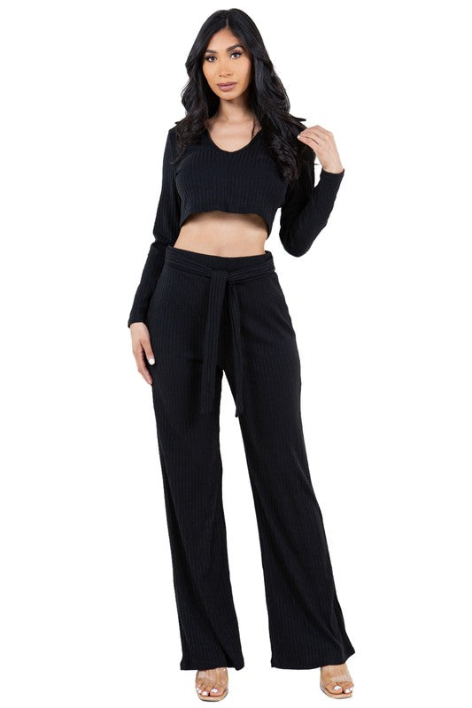 BY CLAUDE TWO PIECE LONG SLEEVE CROP TOP AND PANTS SET