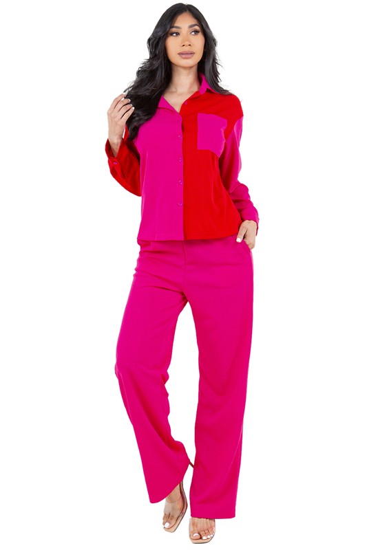 BY CLAUDE TWO PIECE COLOR BLOCK LONG SLEEVE TOP & PANTS LOUNGE SET IN 2 COLORS