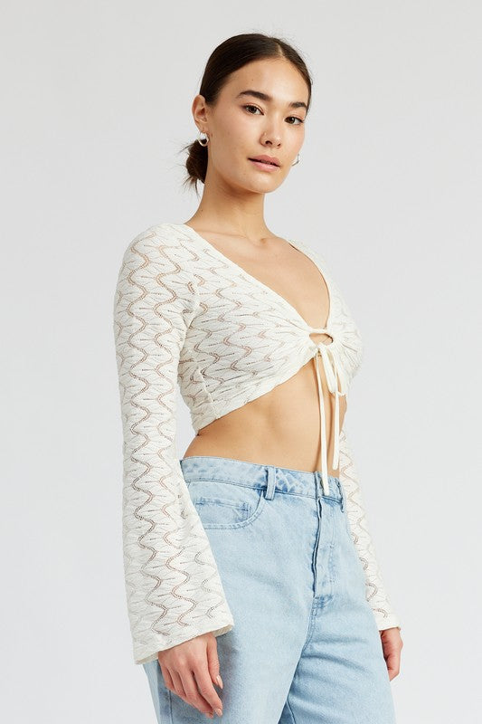 EMORY PARK 70s CROCHET BELL SLEEVE CROP TOP