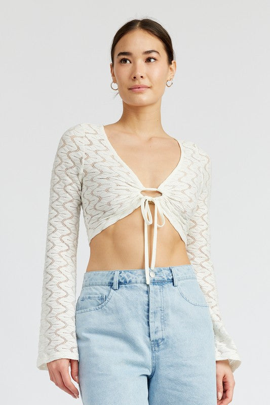 EMORY PARK 70s CROCHET BELL SLEEVE CROP TOP