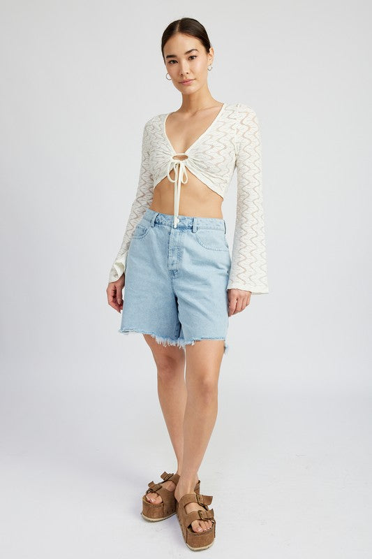 EMORY PARK 70s CROCHET BELL SLEEVE CROP TOP