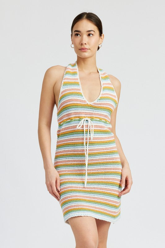 EMORY PARK STRIPED CROCHET FITTED SLEEVELESS V-NECK MINI DRESS in 2 COLORS