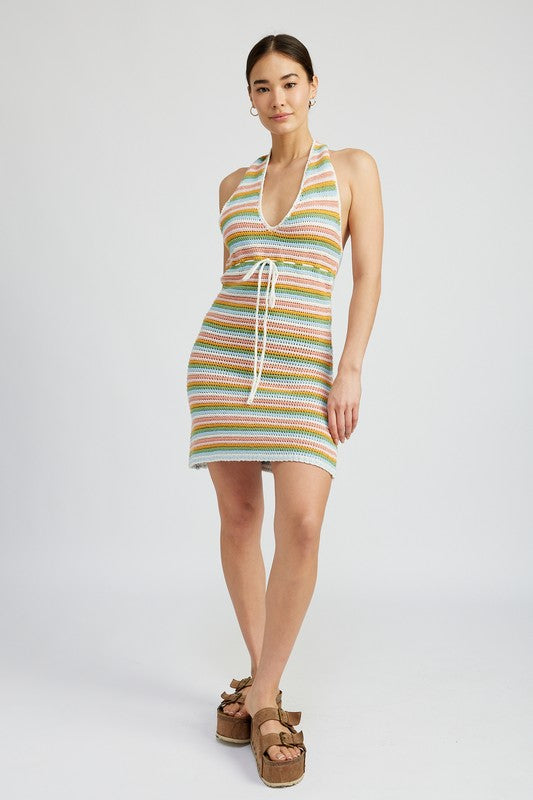 EMORY PARK STRIPED CROCHET FITTED SLEEVELESS V-NECK MINI DRESS in 2 COLORS