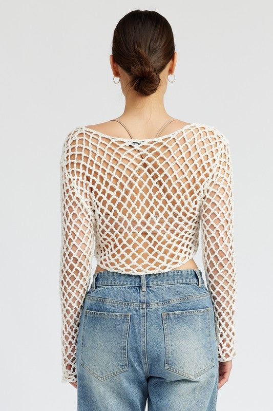 EMORY PARK FRONT TIE CROCHET LONG SLEEVE CROP TOP