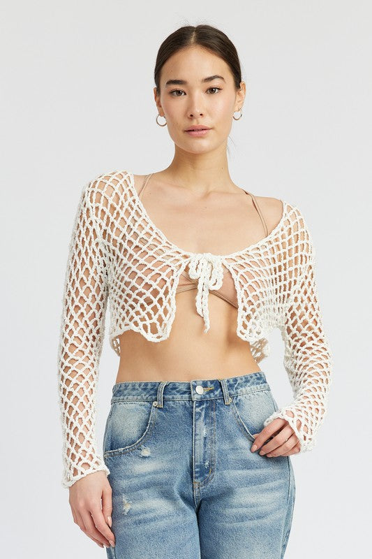 EMORY PARK FRONT TIE CROCHET LONG SLEEVE CROP TOP