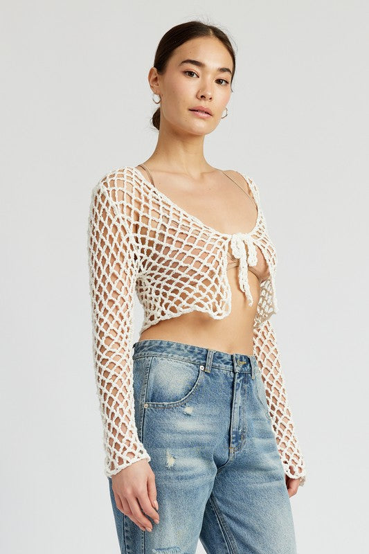 EMORY PARK FRONT TIE CROCHET LONG SLEEVE CROP TOP