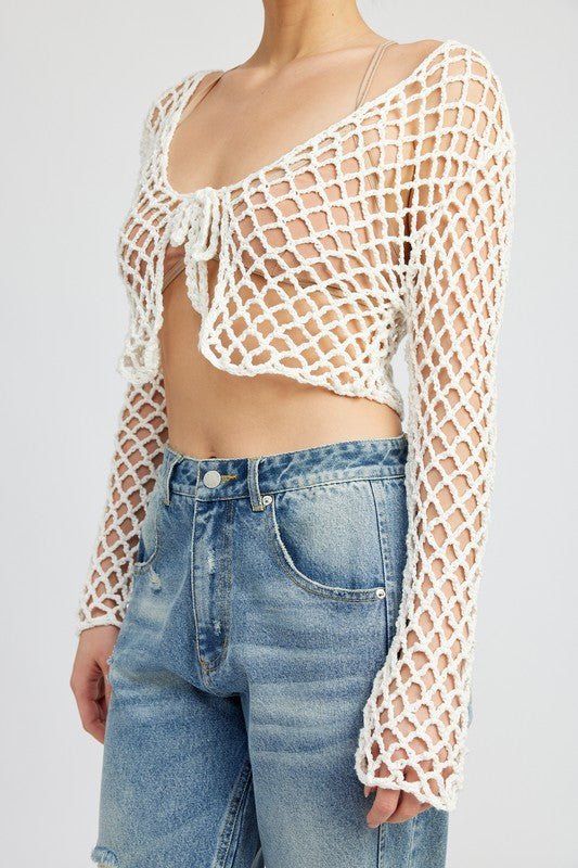 EMORY PARK FRONT TIE CROCHET LONG SLEEVE CROP TOP