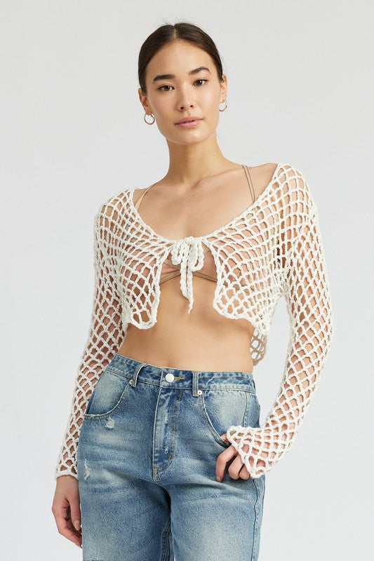 EMORY PARK FRONT TIE CROCHET LONG SLEEVE CROP TOP