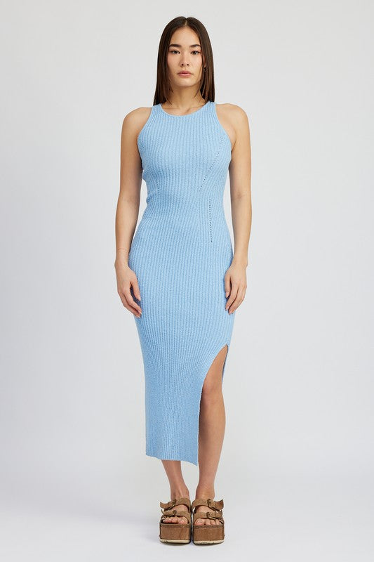 Emory Park High Slit Wide Strap Midi Dress in Light Blue