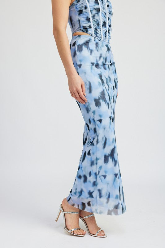 Emory Park Fitted Printed Mesh Maxi Skirt in Blue Multi