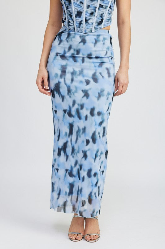 Emory Park Fitted Printed Mesh Maxi Skirt in Blue Multi