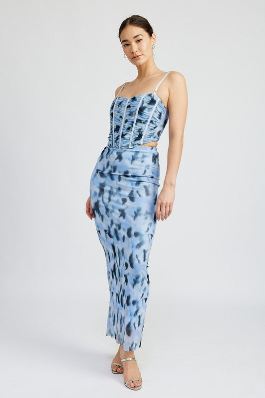 Emory Park Fitted Printed Mesh Maxi Skirt in Blue Multi