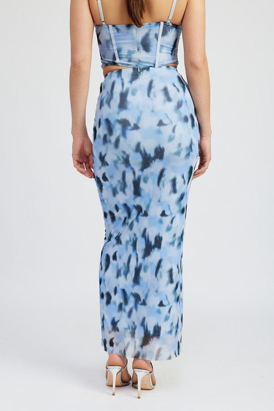 Emory Park Fitted Printed Mesh Maxi Skirt in Blue Multi