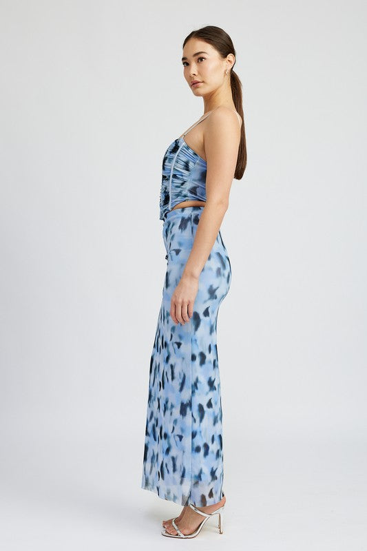 Emory Park Fitted Printed Mesh Maxi Skirt in Blue Multi