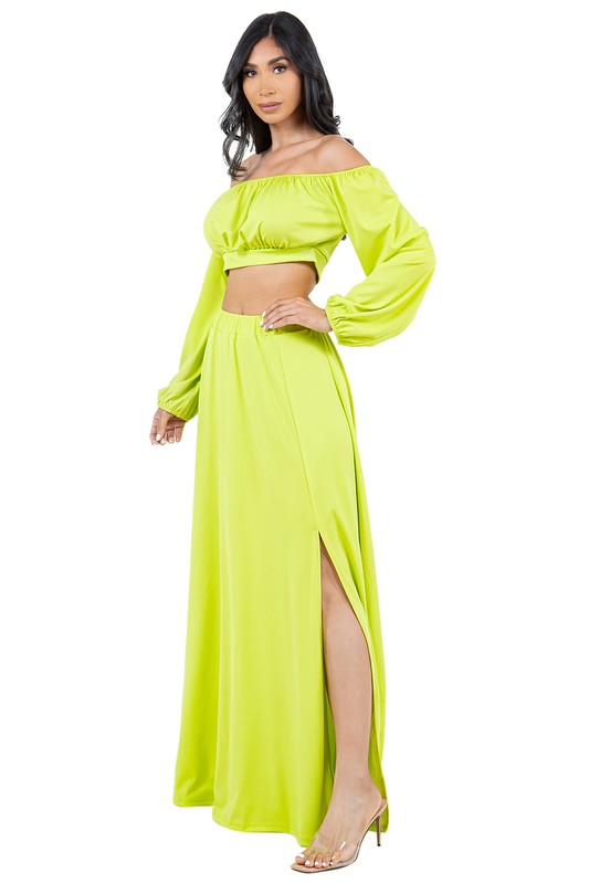 BY CLAUDE TWO PIECE LONG SLEEVE CROP TOP AND MAXI SKIRT DRESS SET