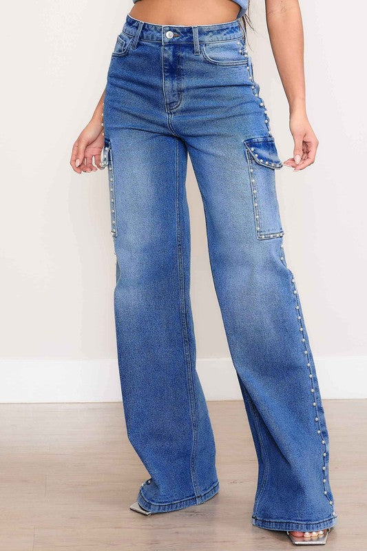 Vibrant MIU Pearl Studded High-Rise Wide Leg Cargo Jeans