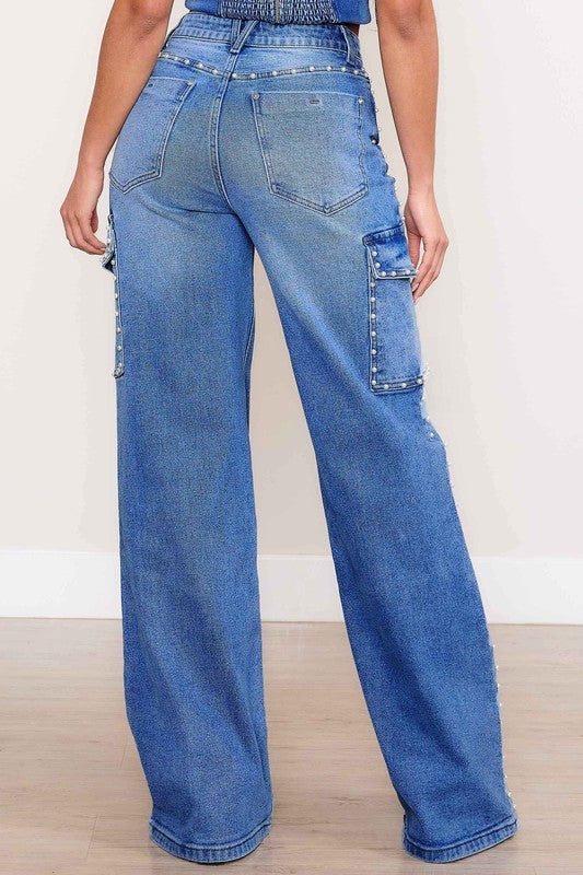 Vibrant MIU Pearl Studded High-Rise Wide Leg Cargo Jeans