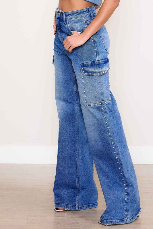 Vibrant MIU Pearl Studded High-Rise Wide Leg Cargo Jeans