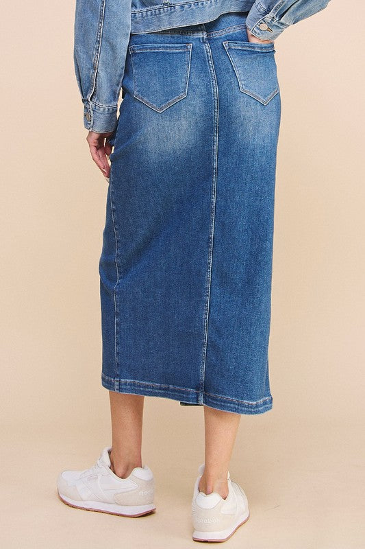 Insane Gene Front Slit Stretch Denim Cargo Midi Skirt in Denim Blue