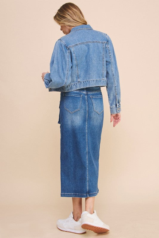 Insane Gene Front Slit Stretch Denim Cargo Midi Skirt in Denim Blue