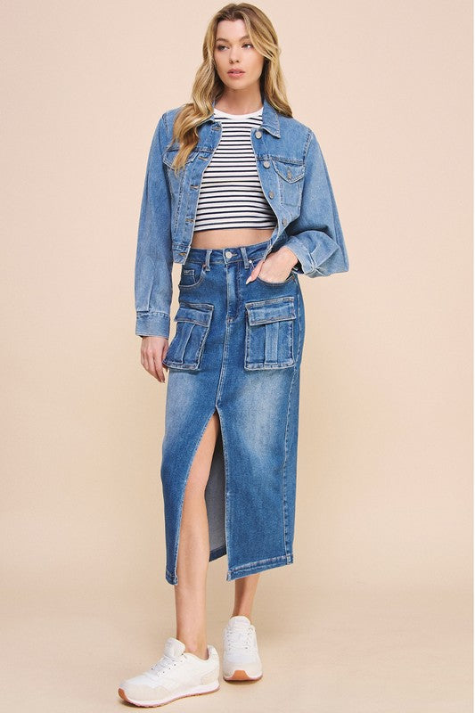 Insane Gene Front Slit Stretch Denim Cargo Midi Skirt in Denim Blue