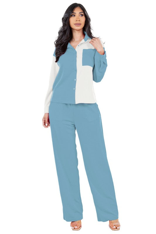 BY CLAUDE TWO PIECE COLOR BLOCK LONG SLEEVE TOP & PANTS LOUNGE SET IN 2 COLORS