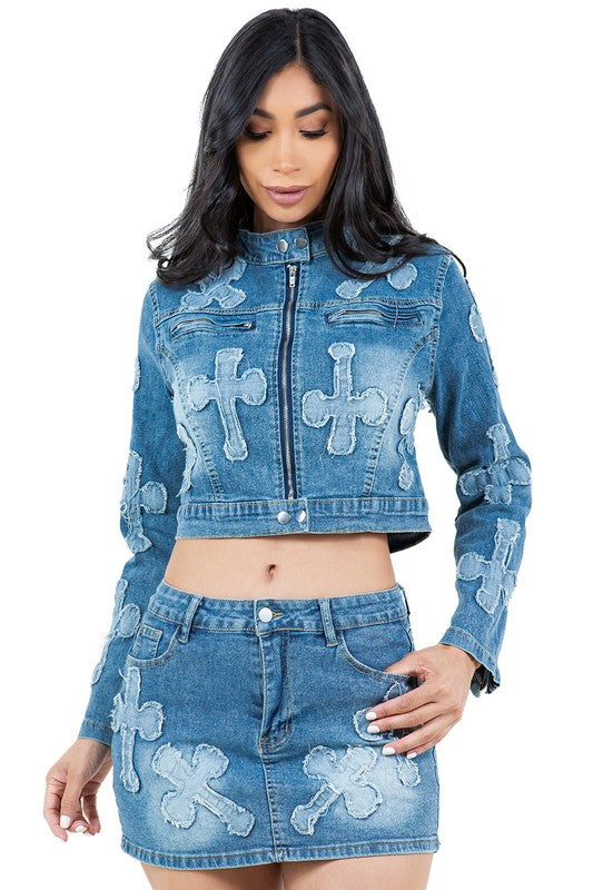 BY CLAUDE DENIM TWO PIECE CROP JACKET & SKIRT SET