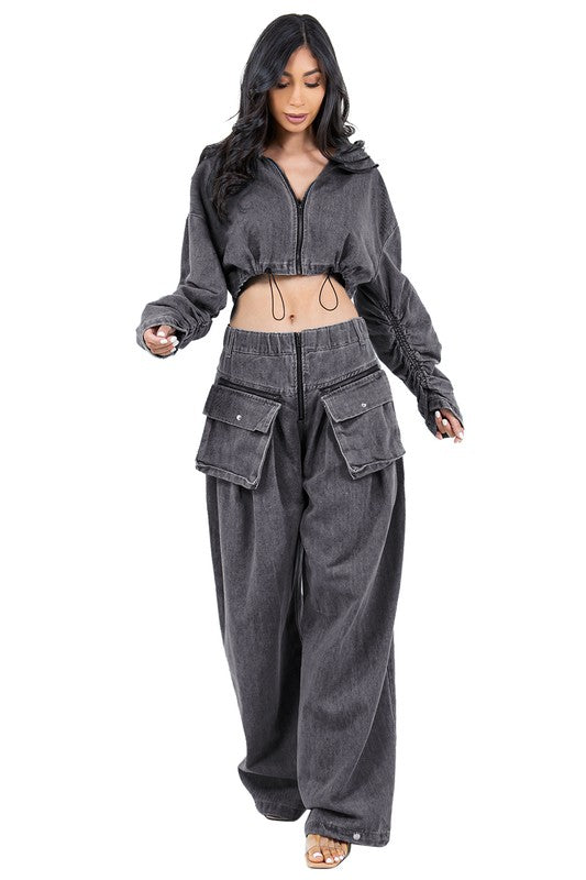 BY CLAUDE TWO PIECE DENIM PANTS SET IN BLUE AND BLACK