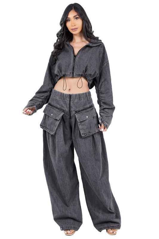 BY CLAUDE TWO PIECE DENIM PANTS SET IN BLUE AND BLACK