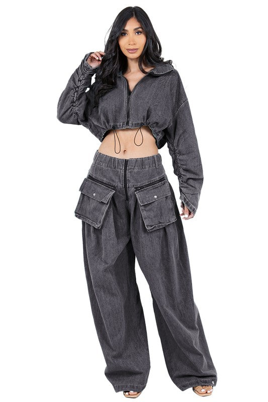 BY CLAUDE TWO PIECE DENIM PANTS SET IN BLUE AND BLACK