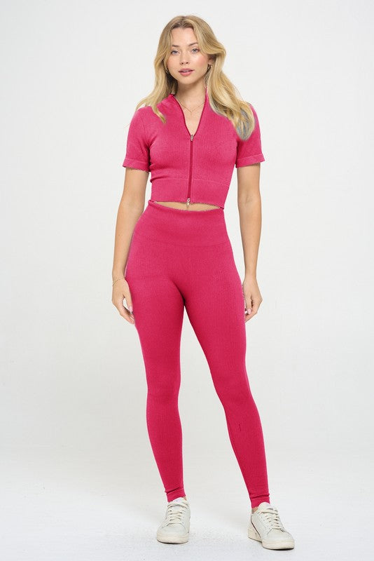 OTOS Active Two Piece Ribbed Seamless Zip Up Jacket & Leggings Set in 5 Colors