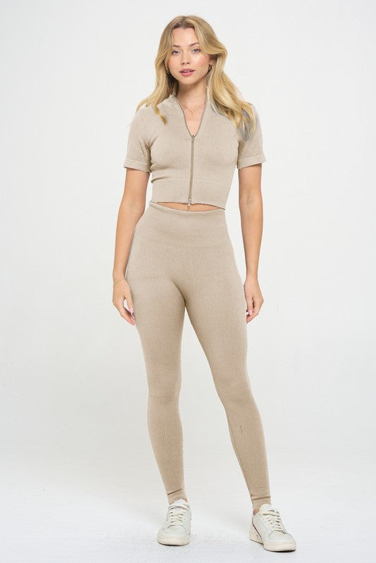 OTOS Active Two Piece Ribbed Seamless Zip Up Jacket & Leggings Set in 5 Colors