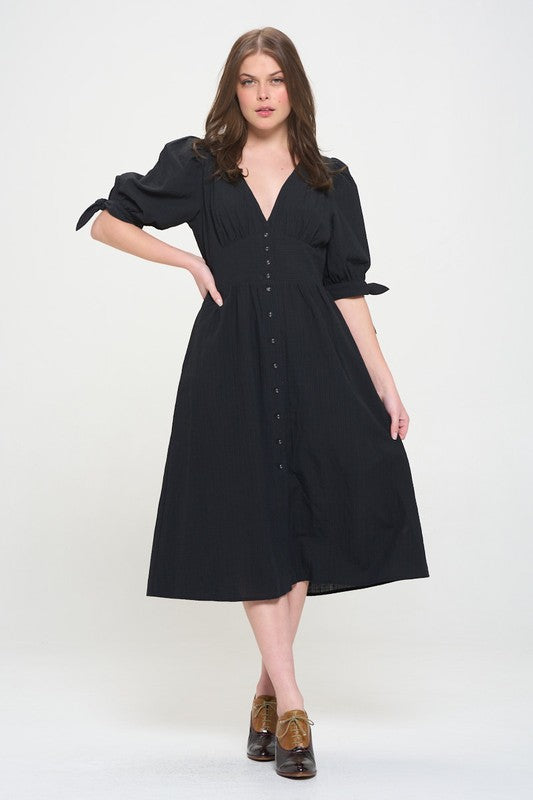 Jade by Jane Plus Textured Button-Down Puff Sleeve V-Neck Midi Dress in 2 Colors