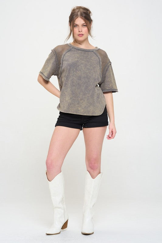 JADE BY JANE MINERAL WASHED SHORT SLEEVE FISHNET SHOULDER TEE