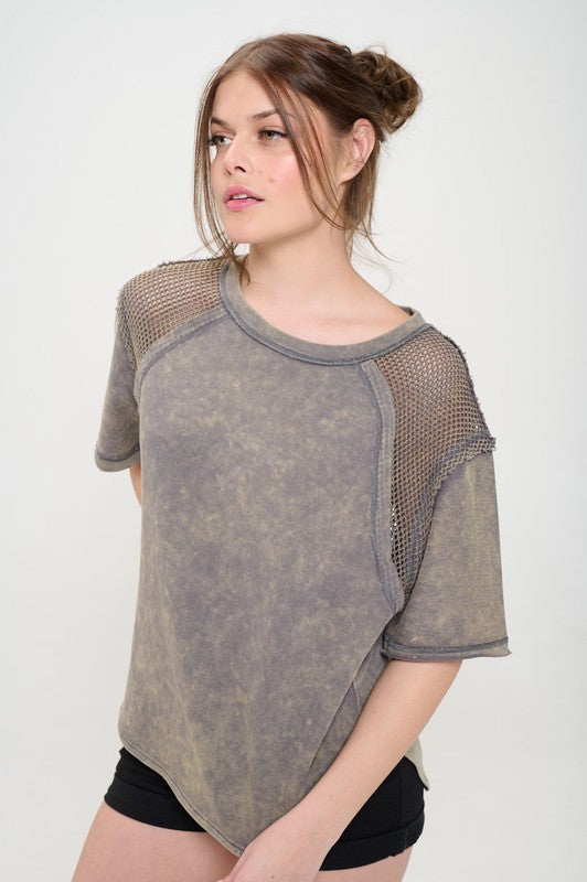 JADE BY JANE MINERAL WASHED SHORT SLEEVE FISHNET SHOULDER TEE