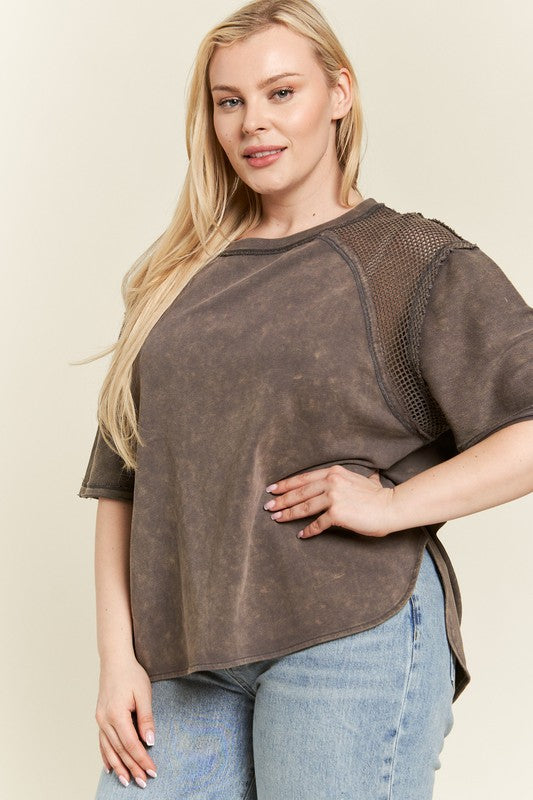 Jade By Jane Plus Size Fishnet Shoulder Tee in 2 Colors