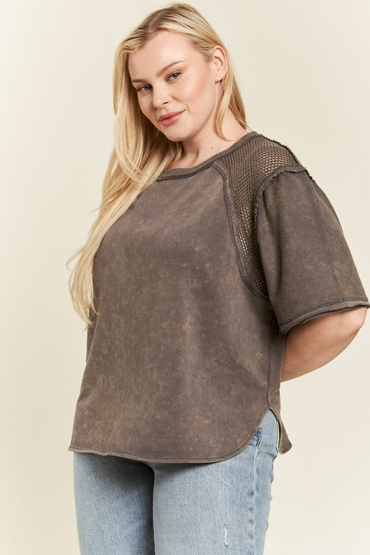 Jade By Jane Plus Size Fishnet Shoulder Tee in 2 Colors