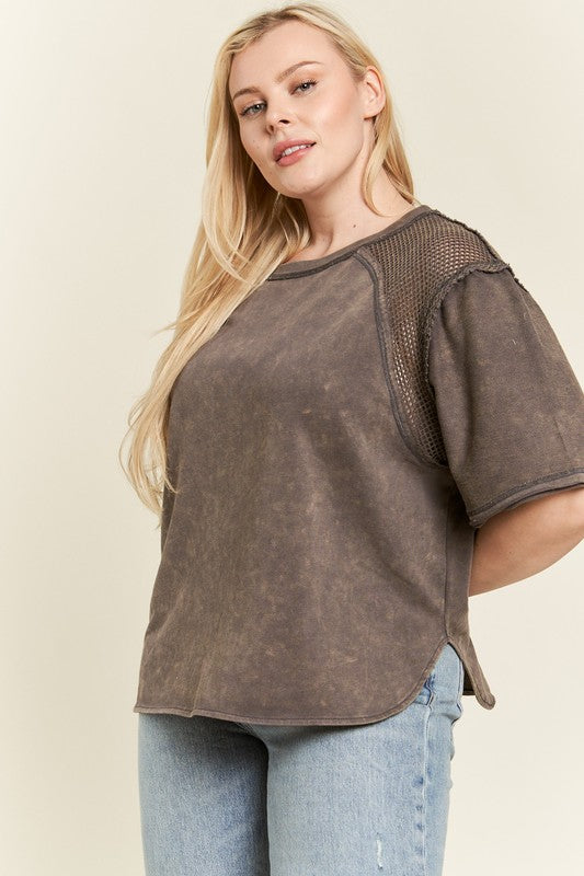 Jade By Jane Plus Size Fishnet Shoulder Tee in 2 Colors