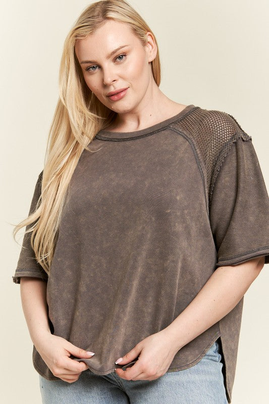 Jade By Jane Plus Size Fishnet Shoulder Tee in 2 Colors