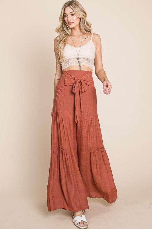 Jade By Jane Plus Size Tie Front Ruched Waist Wide Leg Pants