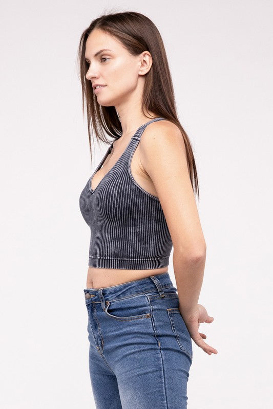 Zenana Washed Ribbed-Knit Cropped V-Neck Cami Tank Top in 4 Colors