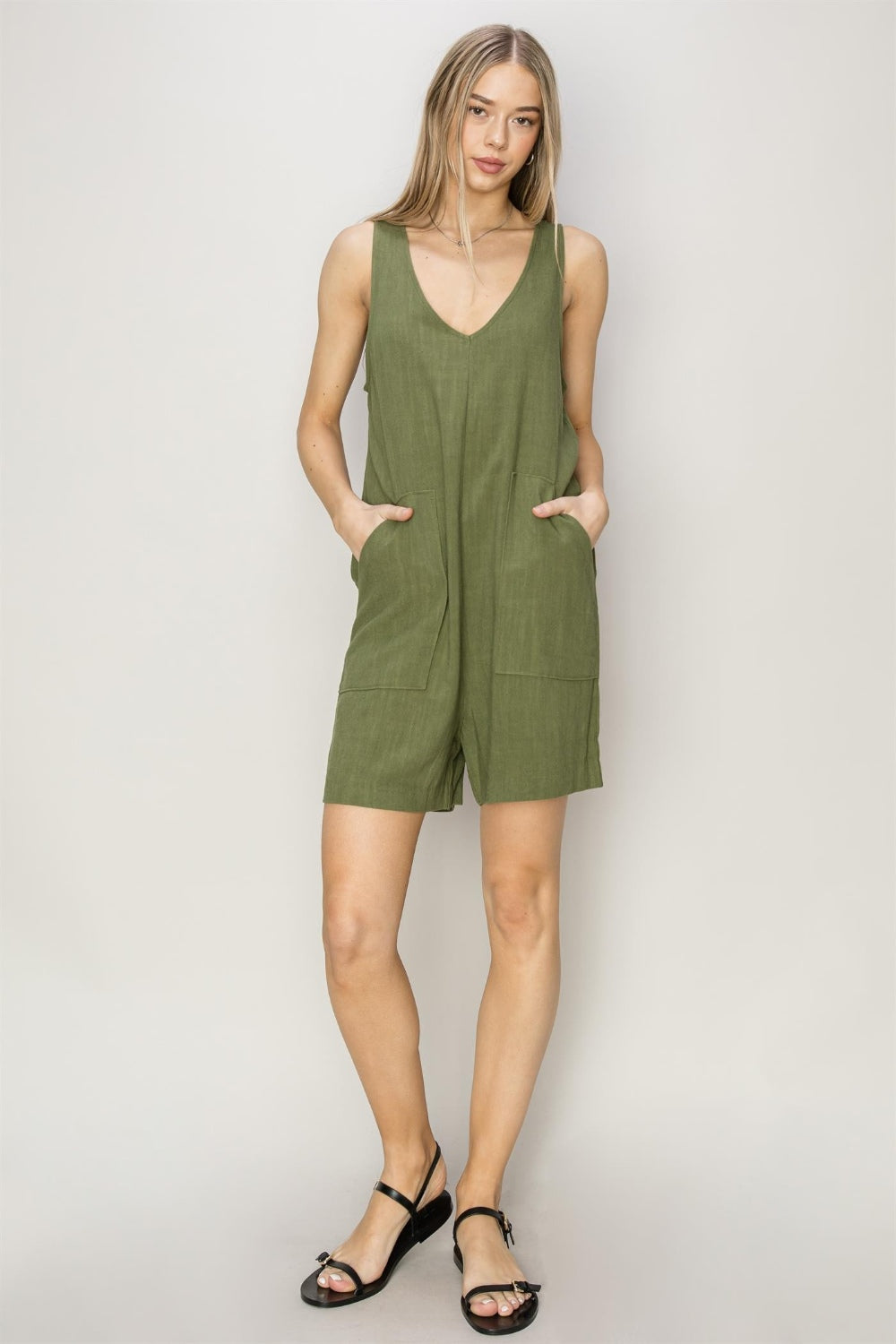 HYFVE Linen Blend Sleeveless V-Neck Romper with Pockets in Moss