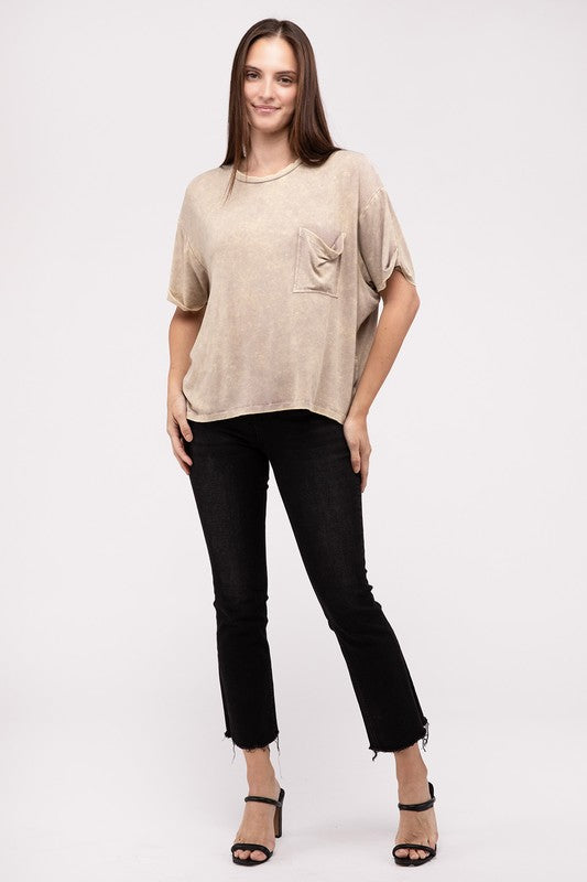 Zenana Washed Oversized Ribbed Crew Neck T-Shirt in 4 Colors